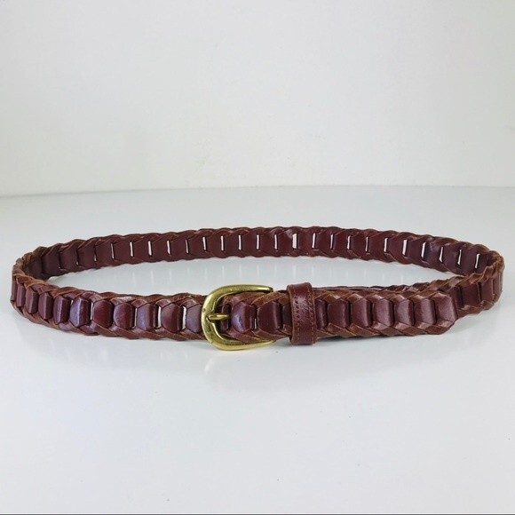 Vintage Genuine Leather Brown Woven Braided Belt Brass Buckle M L - Picture 4 of 10